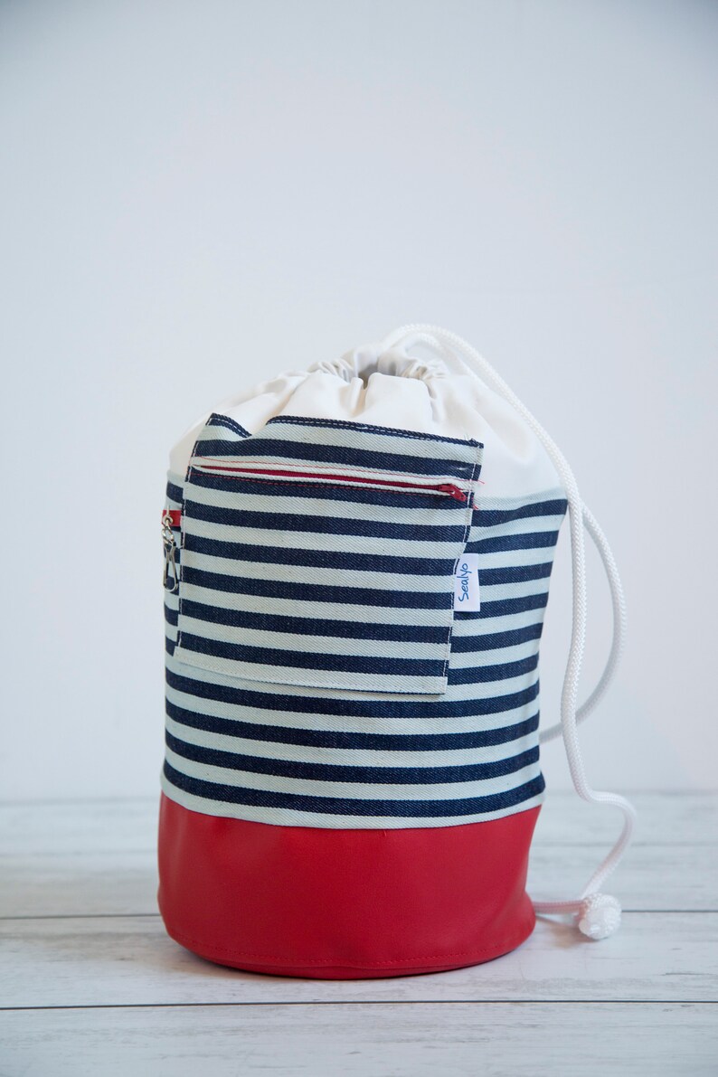 Striped Nautical Duffle Bag – Large Coastal Travel Tote With Red Base ...
