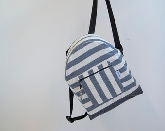 Mini Blue & White Striped Backpack – Coastal Fabric Rucksack | Beach Bag | Surf Bag | Small Gym Bag | Handmade by Sealyo Design