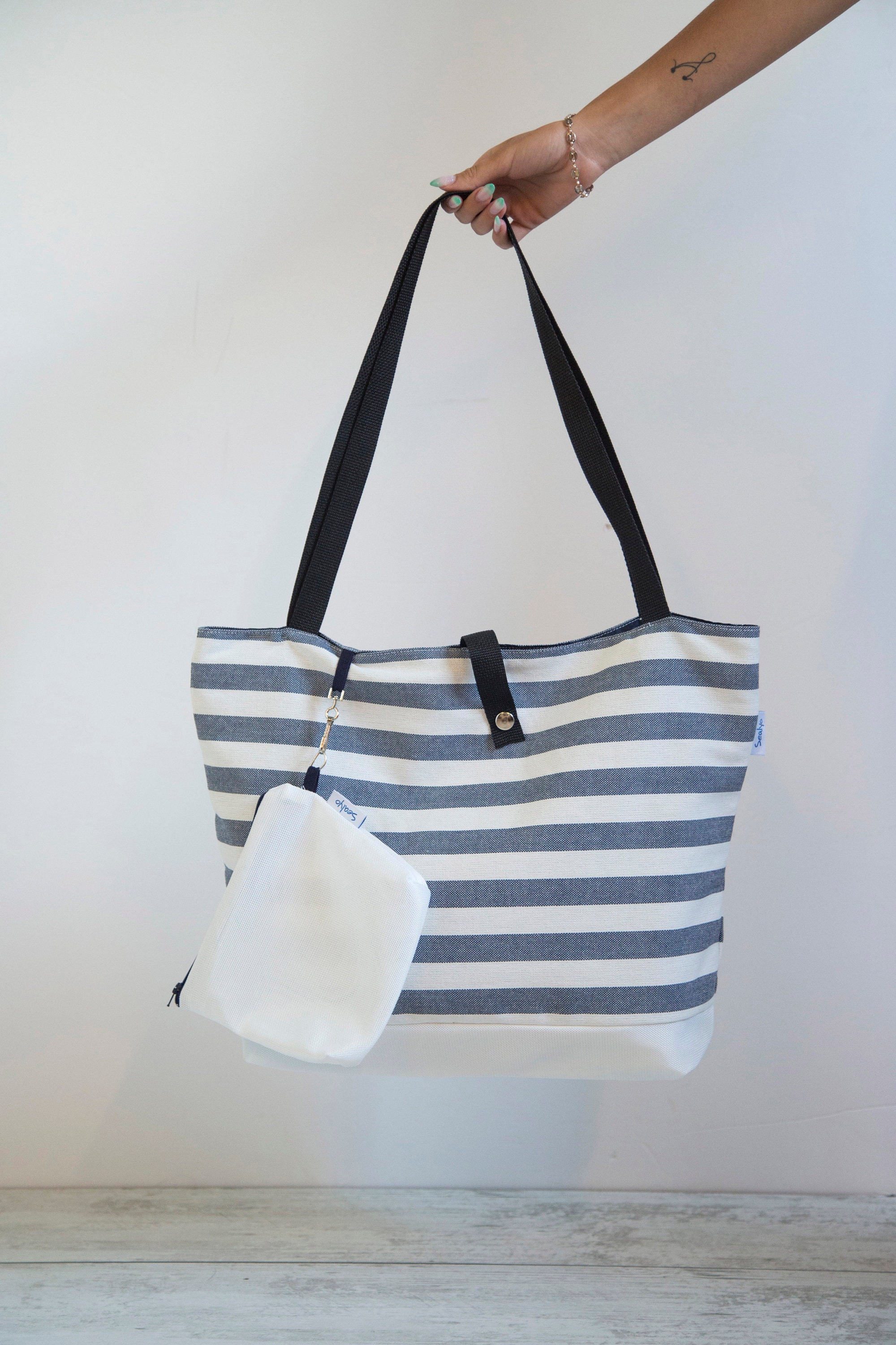 Blue & White Striped Tote Bag With Wallet Coastal Shoulder | Etsy