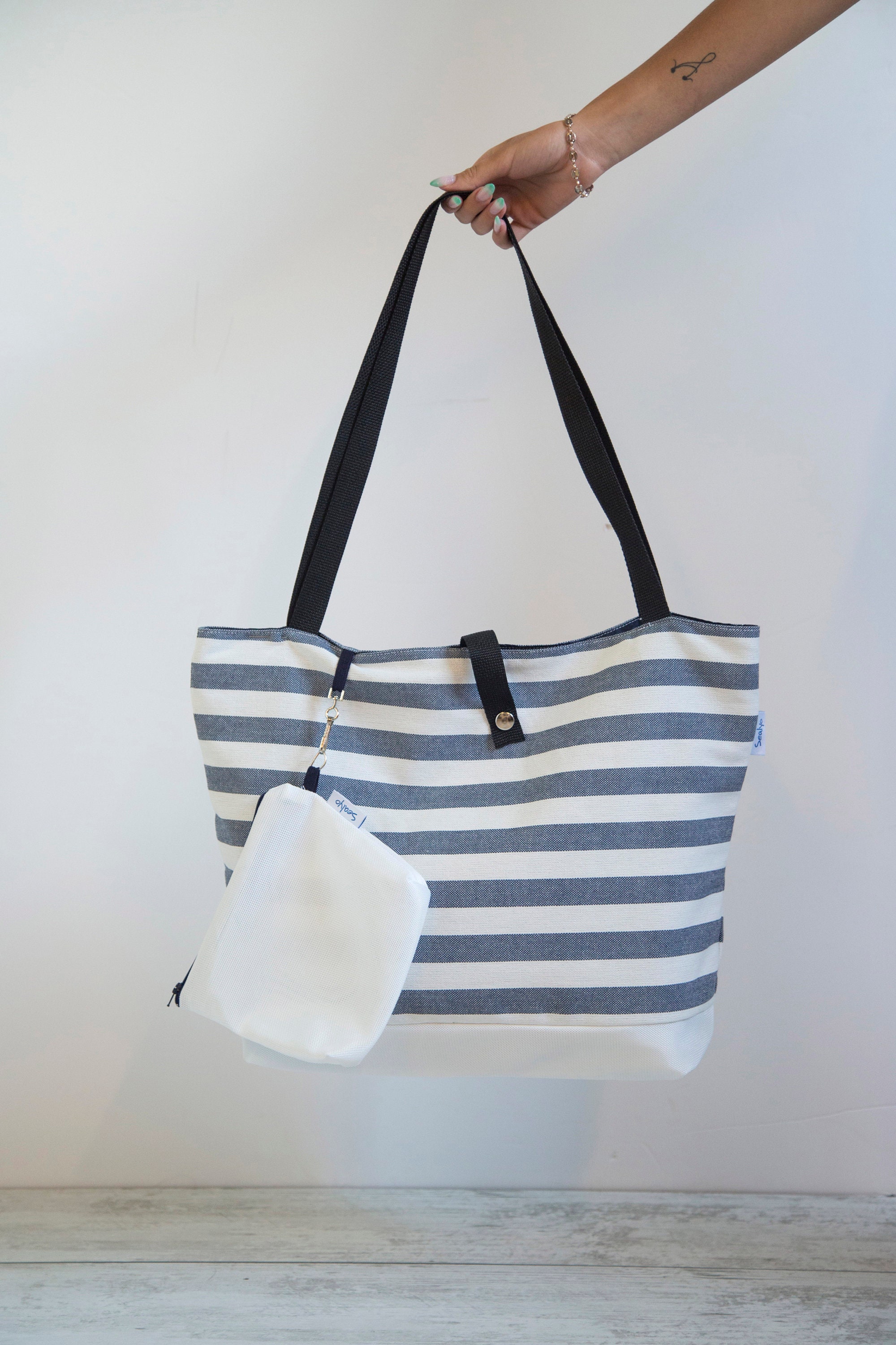 Blue & White Striped Tote Bag With Wallet Coastal Shoulder Etsy
