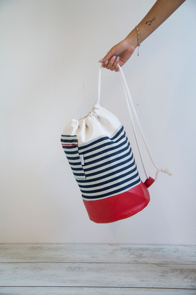Striped Nautical Duffle Bag – Large Coastal Travel Tote With Red Base ...