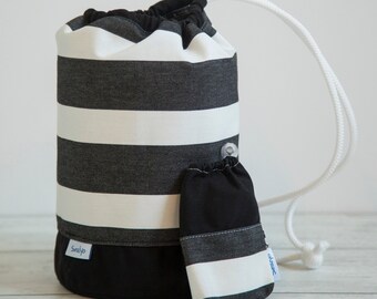 Nautical Duffle Bag – Black & White Striped Coastal Tote | Large Beach or Gym Bag | Handmade Drawstring Backpack with Mini Pouch
