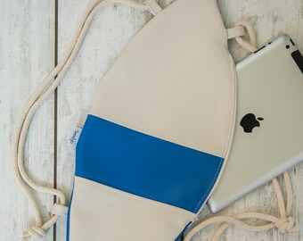 Turquoise and Off-White Surfboard Backpack – Coastal Drawstring Bag – Surf Lover Gift – Nautical Beach Accessory – Unique Carry-All