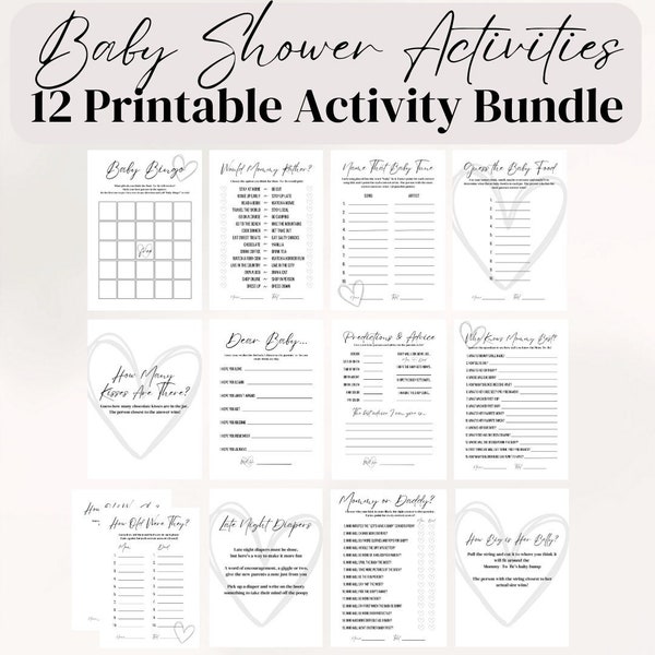 Baby Shower Activity Bundle - Baby Shower Games - 12 Activities - Download + Print - PDF - Gender Neutral - Minimalist Design - Black&White