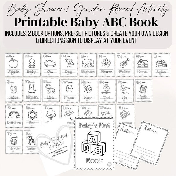 Baby Shower Activity - ABC Baby Book - Coloring Pages for Guests - Download + Print - PDF - Gender Neutral - Minimalist Design - Black&White