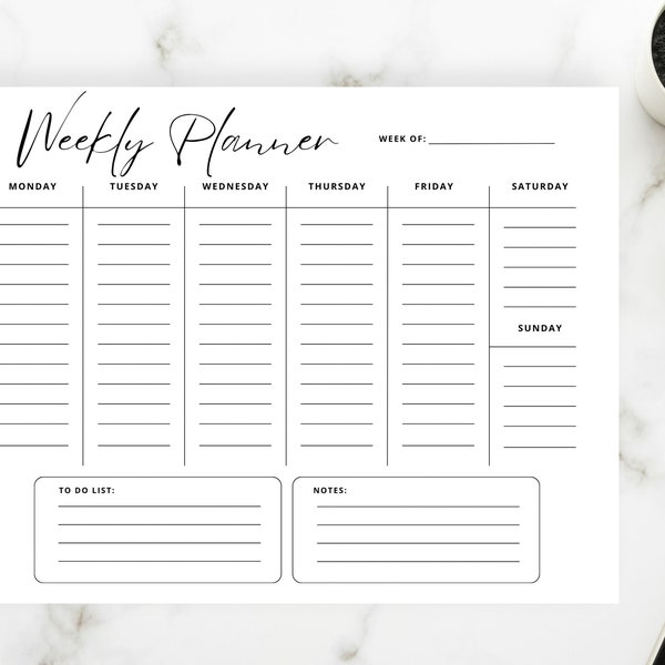 Printable Weekly Planner - One Page - Monday-Sunday - Unlimited Printing - Minimalist - Weekly Schedule - Instant Download - PDF - Landscape