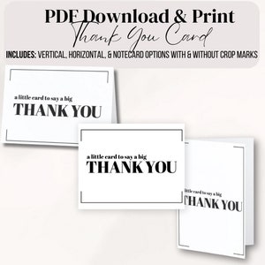 Könnte beinhalten: Druckbare Dankeskarte Vorlage in Schwarzweiß mit dem Text "a little card to say a big THANK YOU". Die Vorlage ist in vertikalen, horizontalen und Notizkarte Optionen mit und ohne Beschnittmarken verfügbar.