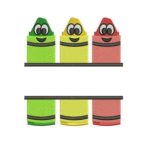 May include: Three smiling crayon characters with green, yellow, and red bodies. The crayons are on a black shelf, with the bottom row of crayons hanging from the shelf.