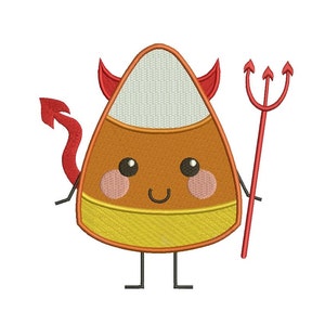 Può includere: Un mais caramellato a forma di cartone animato con una coda di diavolo e un forcone. Il mais caramellato è arancione, giallo e bianco con un viso carino.