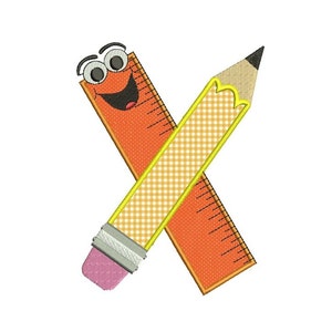 Teachers Ruler and Pencil Applique School Machine Embroidery Digitized Design Pattern -Instant Download- 4x4,5x7,6x10
