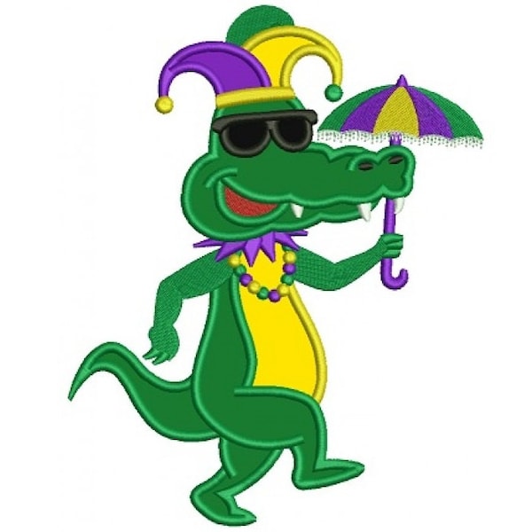 Mardi Gras Alligator with Umbrella Applique Machine Embroidery Digitized Design Pattern - instant download - 4x4 , 5x7, and 6x10 -hoops