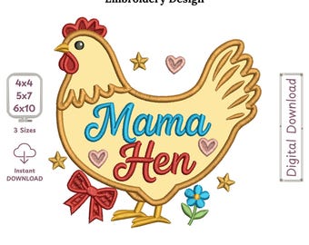 Mama Hen with Ribbon and Flowers Embroidery Design, Chicken Filled Stitch Pattern, Farmhouse Hen File, PES DST JEF Instant Download