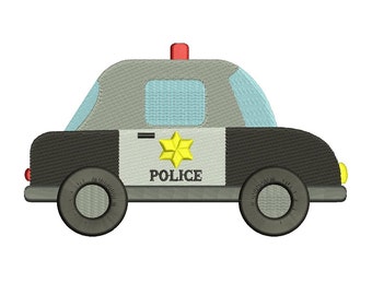 May include: A cartoon police car with a black and white paint scheme, a yellow star, and the word "POLICE" on the side. The car has a red light on top and a blue window.