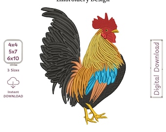 Majestic Rooster Filled Machine Embroidery Digitized Design Pattern  - 4x4 , 5x7, 6x10 -hoops