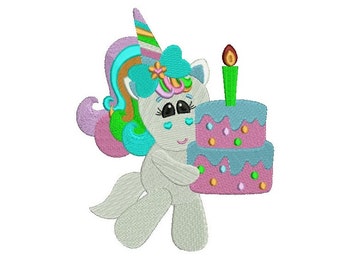 Cute Rainbow Unicorn With a Birthday Cake Filled Machine Embroidery Digitized Design Pattern - 4x4 , 5x7, and 6x10 -hoops