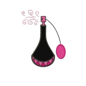 May include: A black perfume bottle with a pink spray nozzle and a pink cap. The bottle has a pink and black design at the bottom. The bottle is spraying a pink mist.