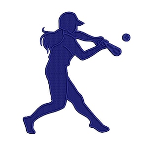 Può includere: Una silhouette blu di un giocatore di baseball in posizione di battuta, che oscilla una mazza con una palla che vola nell'aria.