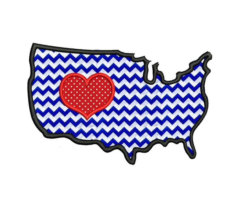 American Flag with Heart USA Patriotic heart Applique Machine Embroidery Digitized Design Pattern Instant Download 4x4 , 5x7, 6x10 image 1