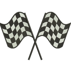 May include: Two black and white checkered flags crossed at the center, with the ends of the flags pointing in opposite directions.