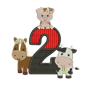 May include: A red and black number two with a brown horse, a pink pig, and a black and white cow. The animals are all cartoon-like and have friendly faces.