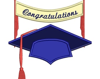 Graduation Cap with Banner Applique Machine Embroidery Digitized Design Pattern - Instant Download - 4x4 , 5x7, 6x10