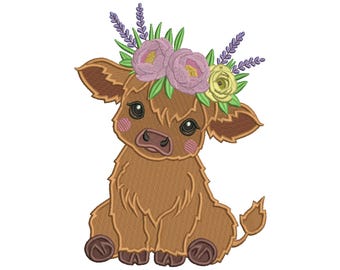 Baby Cow with Flowers Filled Machine Embroidery Design Digitized Pattern