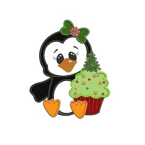 Penguin with cupcake Christmas Applique Machine Embroidery Digitized Design Pattern  - instant download - 4x4 , 5x7, and 6x10 -hoops
