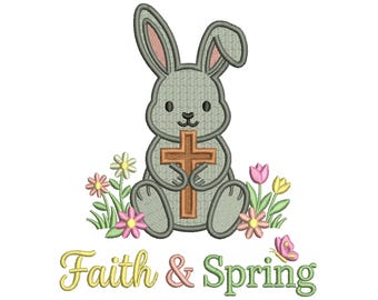 Faith and Spring Easter Bunny Holding a Cross Filled Machine Embroidery Design Digitized Pattern