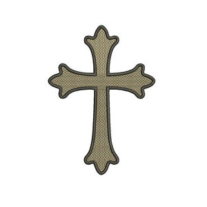 Puede incluir: Una cruz marrón con un diseño decorativo, delineada en negro.