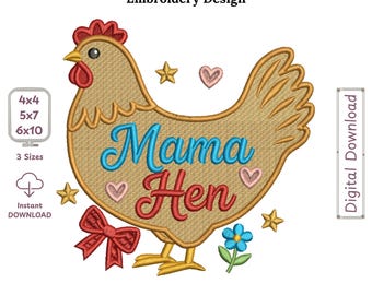 Mama Hen Filled with Ribbon and Flowers Embroidery Design, Chicken Filled Stitch Pattern, Farmhouse Hen File, PES DST JEF Instant Download