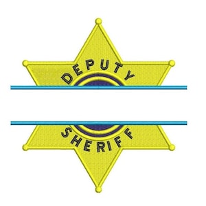 May include: A yellow five-pointed star with the words "DEPUTY" and "SHERIFF" in black text. The star is outlined in blue.