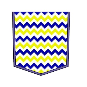 May include: A blue and yellow chevron patterned pocket with a dark blue outline.