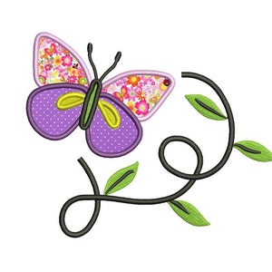 Butterfly flying over leaves Applique Machine Embroidery Digitized Design Pattern  - Instant Download - 4x4 , 5x7, and 6x10 -hoops