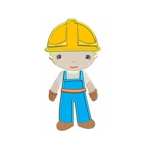 May include: A cartoon illustration of a construction worker wearing a yellow hard hat, blue overalls, and brown boots.