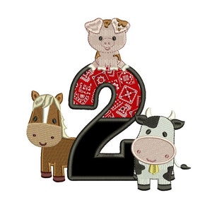 May include: An embroidered design featuring the number 2 with a black outline and a red bandana pattern. A brown horse, a black and white cow, and a pig are included in the design. The pig is perched on top of the number.