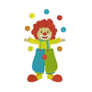 Puede incluir: Un payaso de pelo rojo con una camisa amarilla, pantalones azules y verdes y zapatos rojos está haciendo malabares con seis bolas de colores.