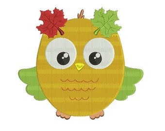 Fall Owl With Leaves Filled Machine Embroidery Digitized Design Pattern -Instant Download- 4x4,5x7,6x10