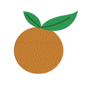 May include: A simple orange with two green leaves on top. The orange is a solid orange color and the leaves are a solid green color.