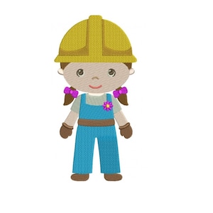 May include: An embroidered design of a cartoon construction worker. The character wears a yellow hard hat, blue overalls, a gray shirt, brown gloves, and has brown hair with purple bows. A small flower is pinned on the overalls.