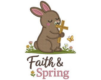 Faith and Spring Easter Bunny Holding Cross Filled Machine Embroidery Design Digitized Pattern