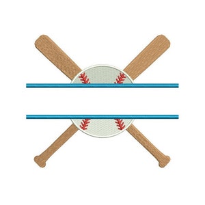 May include: Two crossed baseball bats with a baseball in the center. The bats are brown and the baseball is white with red stitching. There are two blue lines above and below the baseball.
