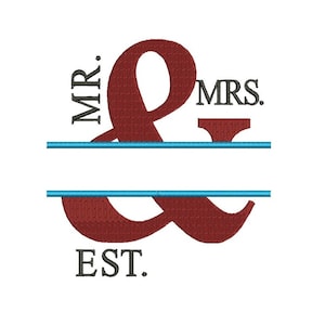 May include: A red ampersand symbol with the words "MR." and "MRS." on either side, and "EST." below. Two blue lines are above and below the ampersand.