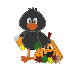 May include: A black cartoon bird with a candy corn in its hand stands next to a jack-o'-lantern with a smiling face.  The pumpkin is surrounded by orange, yellow, and green leaves.