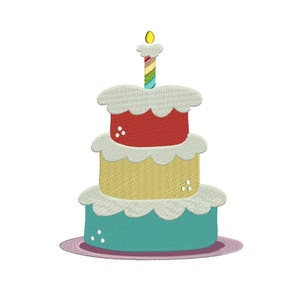 May include: A three-tiered birthday cake with a single lit candle on top. The cake is decorated with white icing and has layers of red, yellow, and blue icing. The cake is on a pink plate.