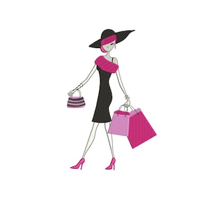 May include: A woman in a black dress and a wide-brimmed hat carries a pink and purple shopping bag and a smaller black and white handbag.