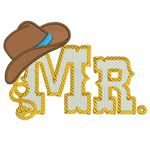 May include: A white embroidered "MR." with a brown cowboy hat and a yellow rope design.