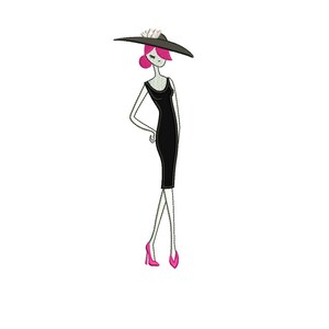 May include: A black dress with a white flower on the hat and pink shoes.