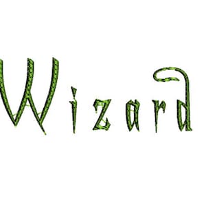 Puede incluir: La palabra "Wizard" en letras verdes estilizadas. Las letras tienen una apariencia texturizada y estampada, posiblemente similar a escamas o un diseño tejido. El fondo es blanco liso.
