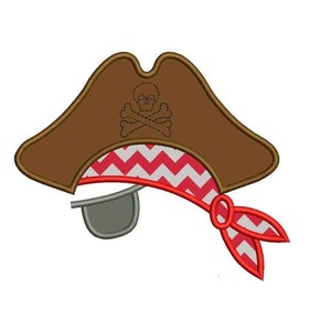 May include: A brown pirate hat with a skull and crossbones design, a red and white chevron patterned eye patch, and a red and white chevron patterned bandana.