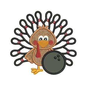 May include: A brown turkey with a red wattle and a bowling ball in its wing. The turkey's tail feathers are made of bowling pins.